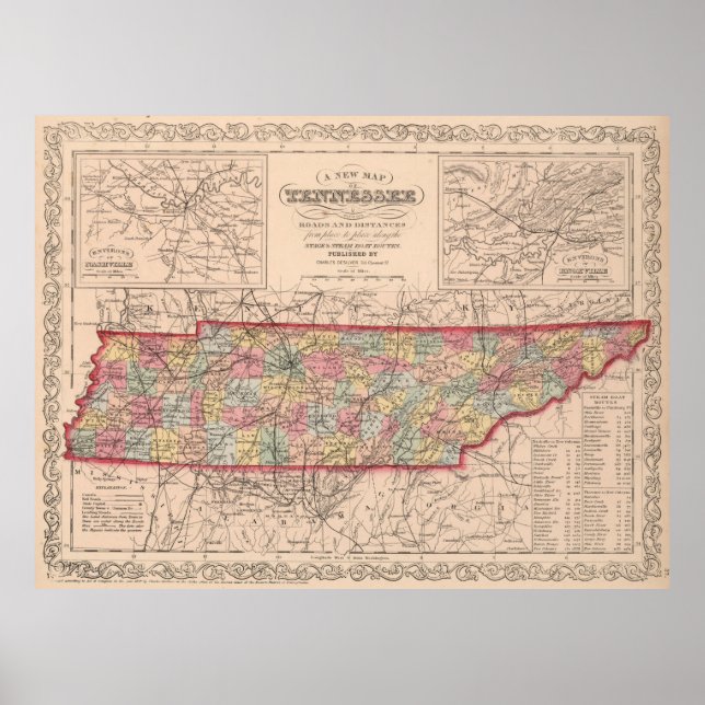 Póster Mapa de época de Tennessee (1859) (Frente)