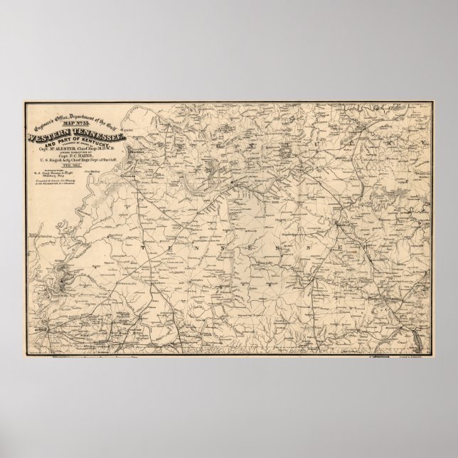 Póster Mapa de época de Tennessee Occidental (1865) (Frente)