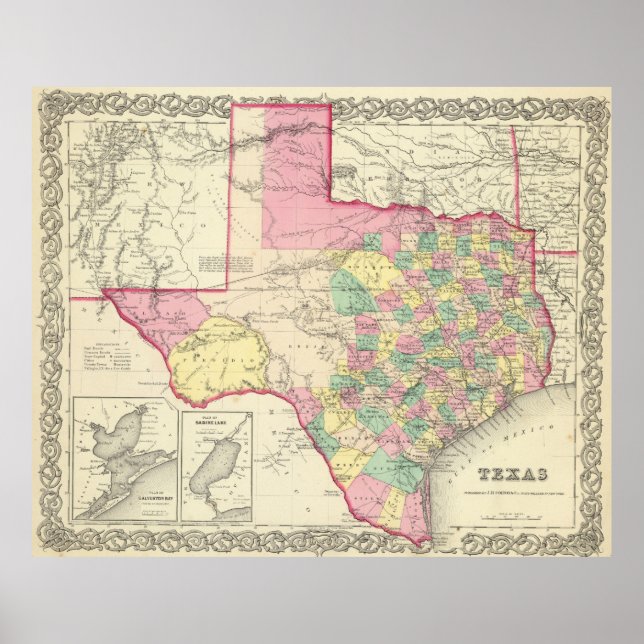 Póster Mapa de época de Texas (1856) (Frente)