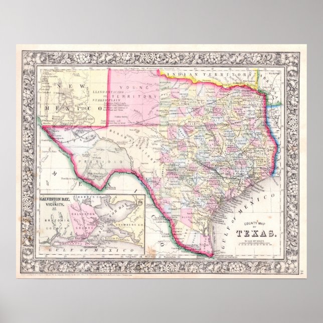 Póster Mapa de época de Texas, 1864 (Frente)