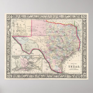 Póster Mapa de época de Texas (1866)