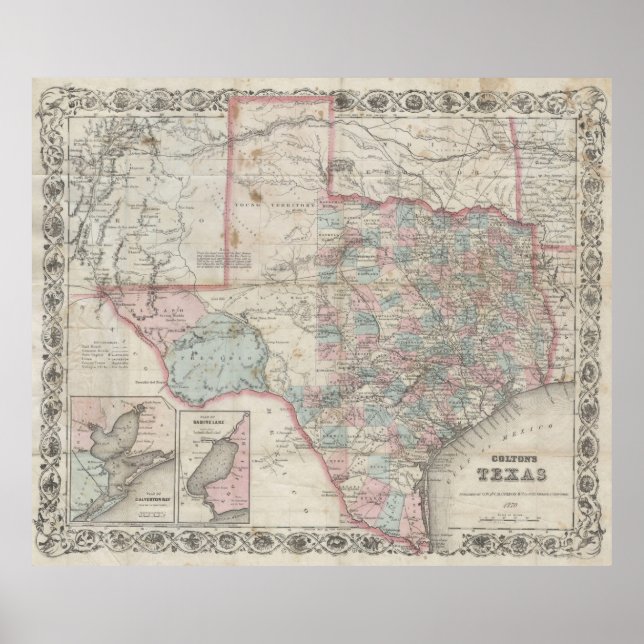 Póster Mapa de época de Texas (1870) (Frente)