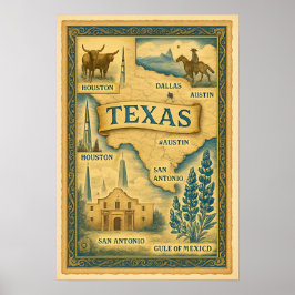 Póster Mapa de época de Texas, 1885