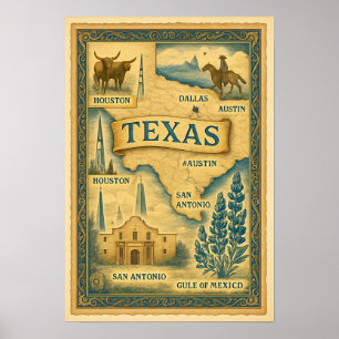 Póster Mapa de época de Texas, 1885
