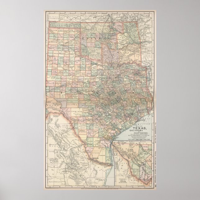 Póster Mapa de época de Texas y Oklahoma (1891) (Frente)