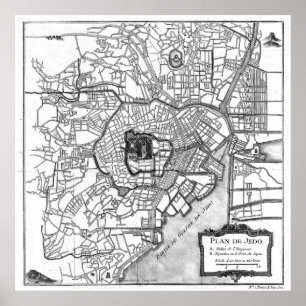 Póster Mapa de época de Tokio Japón (1752) BW