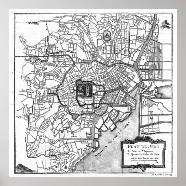 Póster Mapa de época de Tokio Japón (1752) BW (Frente)
