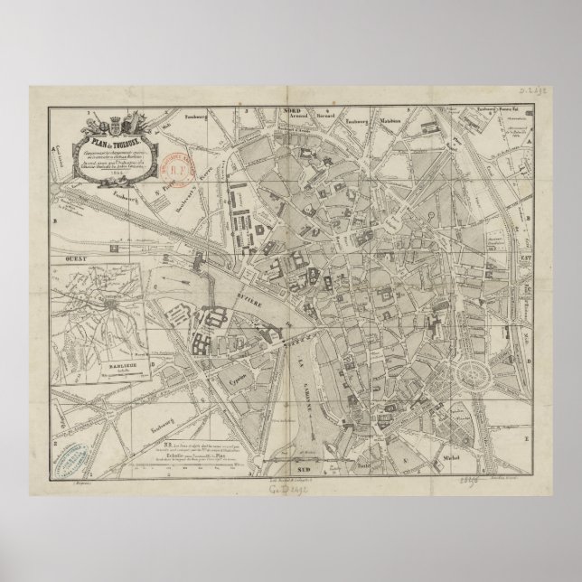 Póster Mapa de época de Toulouse Francia (1844) (Frente)