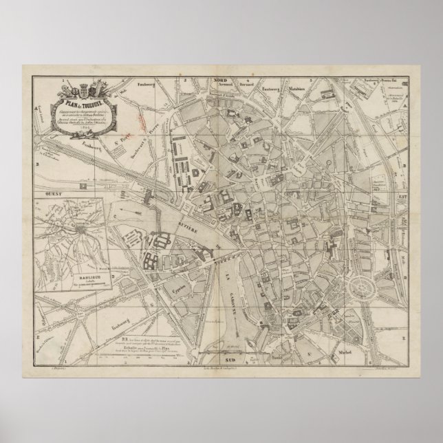 Póster Mapa de época de Toulouse Francia (1844) (Frente)