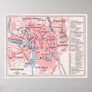 Póster Mapa de época de Toulouse Francia (1900)