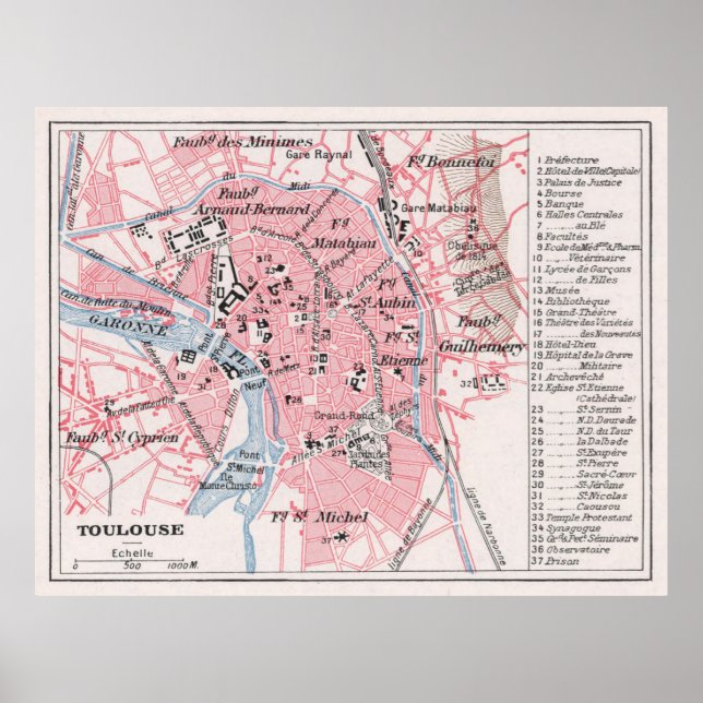 Póster Mapa de época de Toulouse Francia (1900) (Frente)