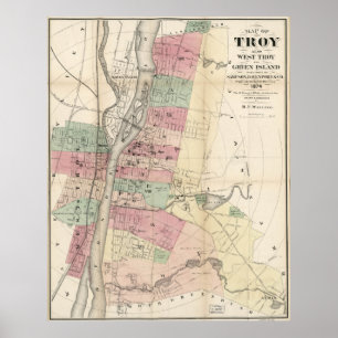 Póster Mapa de época de Troy NY (1874)