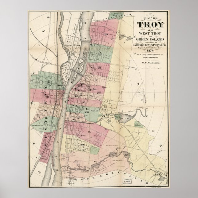 Póster Mapa de época de Troy NY (1874) (Frente)