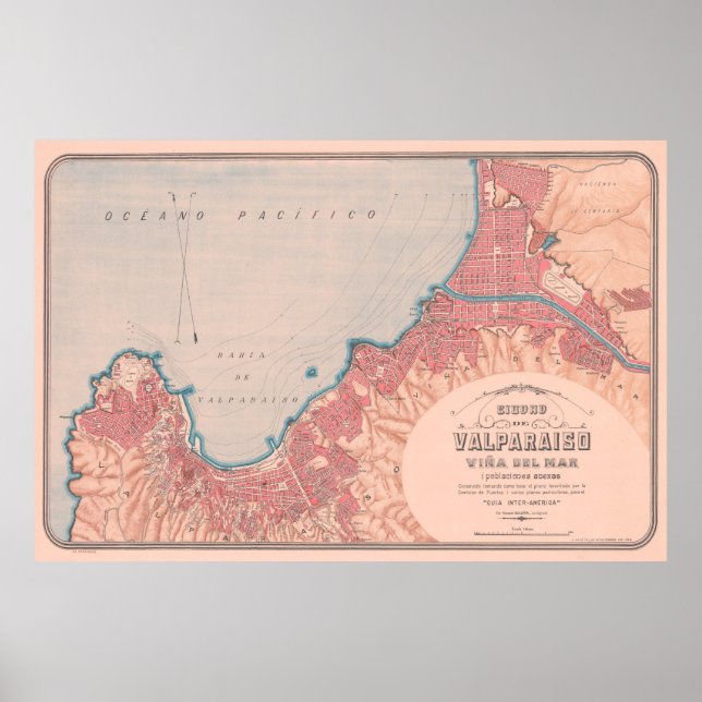 Póster Mapa de época de Valparaiso Chile (1895) (Frente)