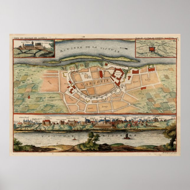 Póster Mapa de época de Varsovia Polonia (1705)