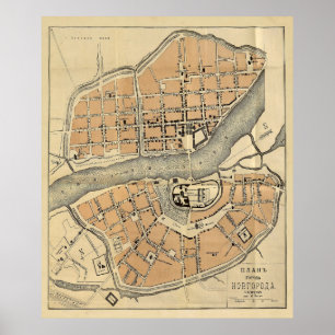 Póster Mapa de época de Veliky Novgorod Russia (1910)