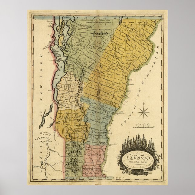 Póster Mapa de época de Vermont (1814) (Frente)
