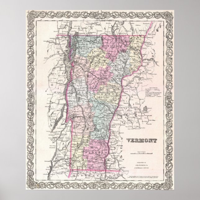 Póster Mapa de época de Vermont (1855) (Frente)
