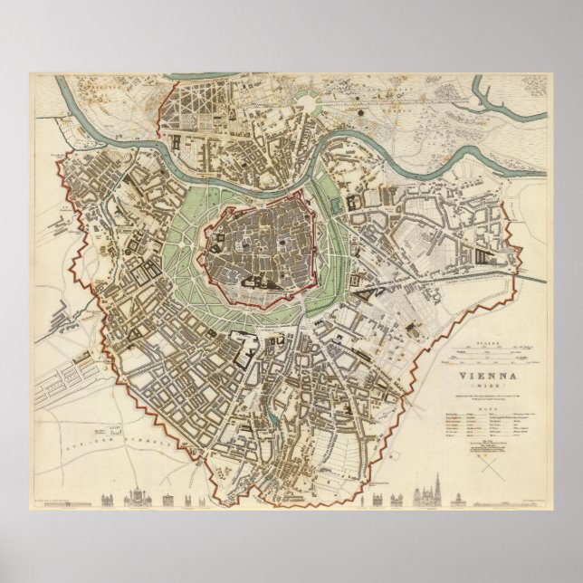 Póster Mapa de época de Viena Austria (1833) (Frente)