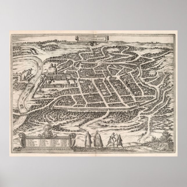 Póster Mapa de época de Vilnius Lituania (1581) (Frente)