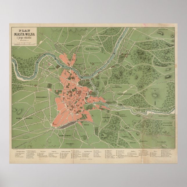 Póster Mapa de época de Vilnius Lituania (1890) (Frente)