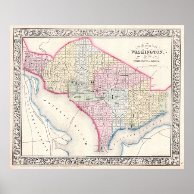 Póster Mapa de época de Washington D.C. (1864) (Frente)