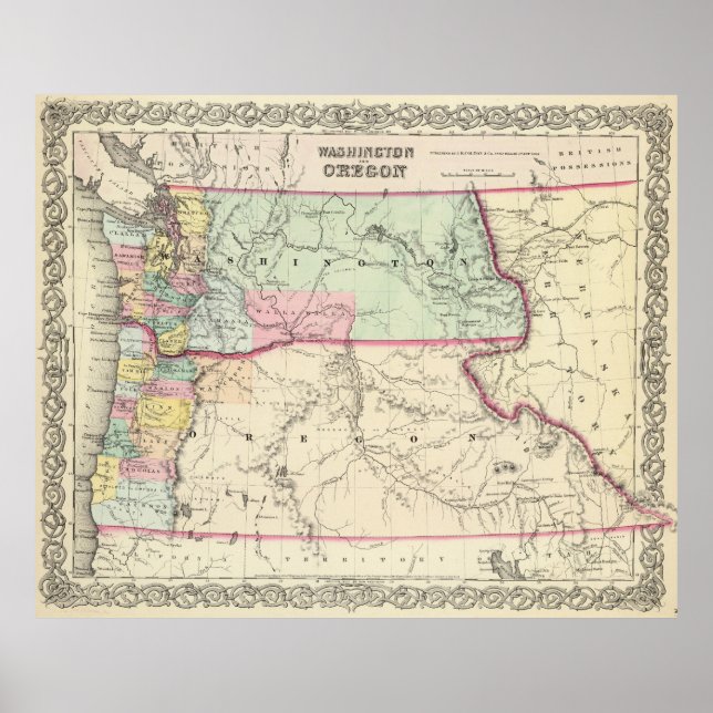 Póster Mapa de época de Washington y Oregón (1856) (Frente)