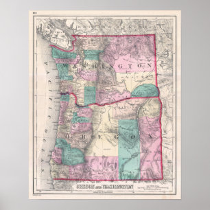 Póster Mapa de época de Washington y Oregón (1857)
