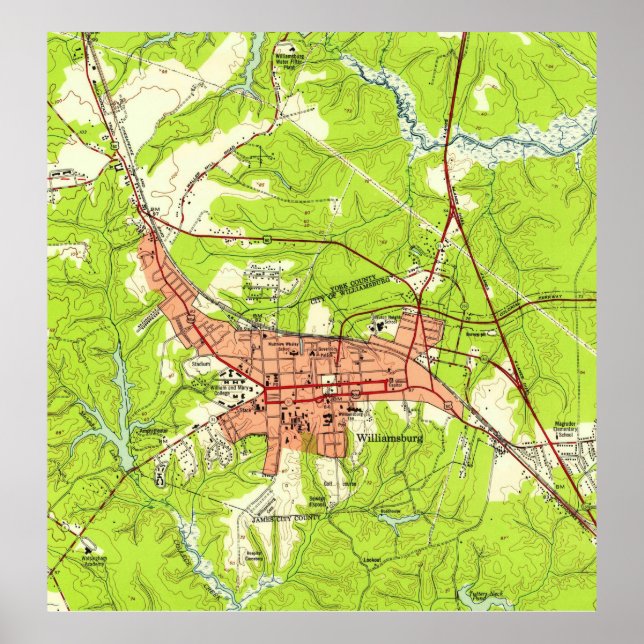 Póster Mapa de época de Williamsburg Virginia (1952) (Frente)