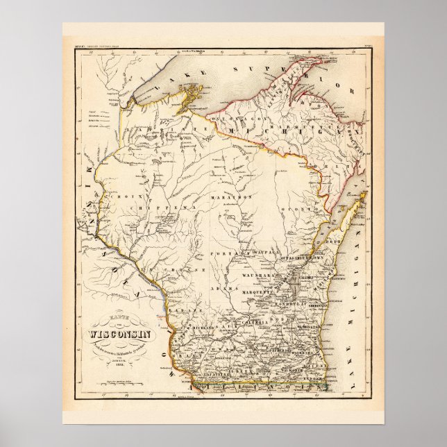 Póster Mapa de época de Wisconsin 1852 (Frente)