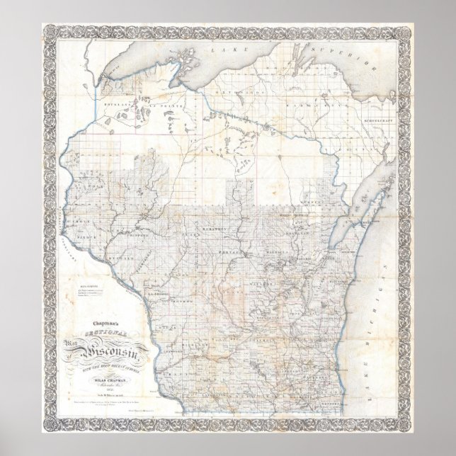 Póster Mapa de época de Wisconsin (1856) (Frente)