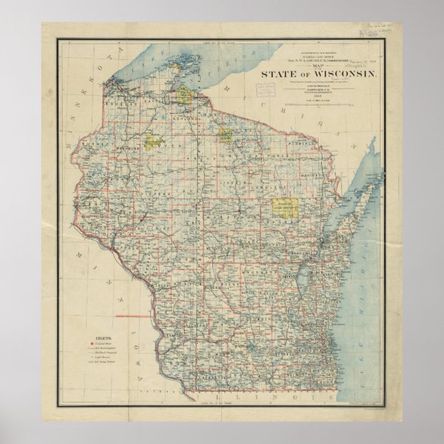 Póster Mapa de época de Wisconsin (1895) (Frente)