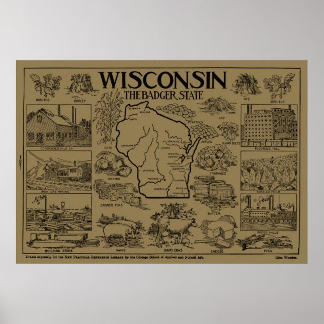 Póster Mapa de época de Wisconsin (1912) - Tan (Frente)