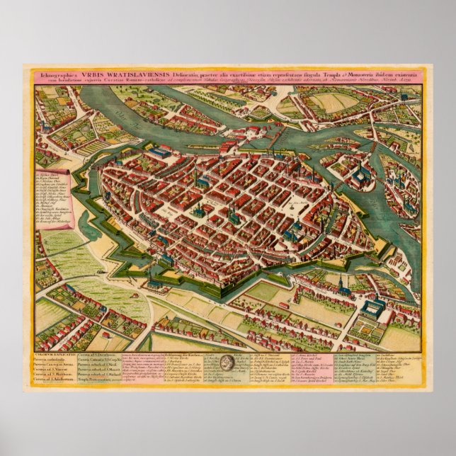 Póster Mapa de época de Wroclaw Polonia (1752) (Frente)