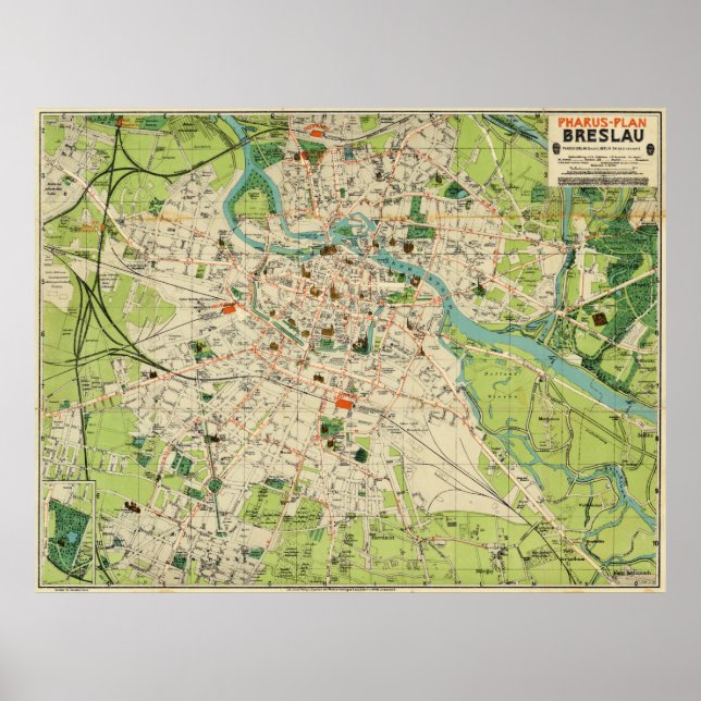 Póster Mapa de época de Wroclaw Polonia (1910) (Frente)