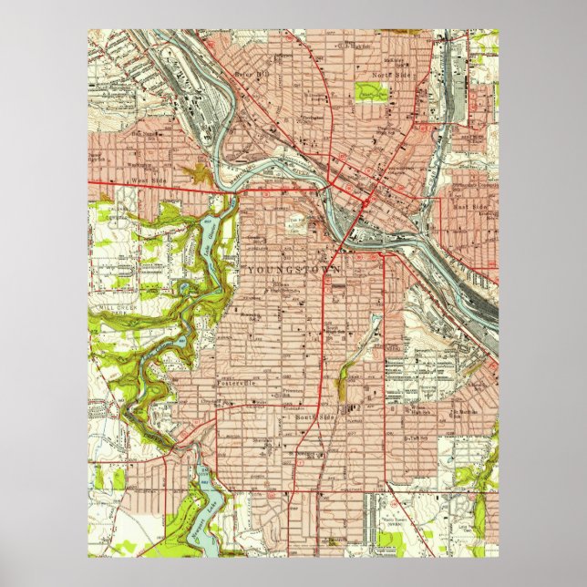 Póster Mapa de época de Youngstown Ohio (1951) (Frente)