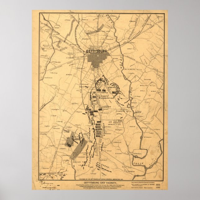 Póster Mapa de época del campo de batalla de Gettysburg ( (Frente)