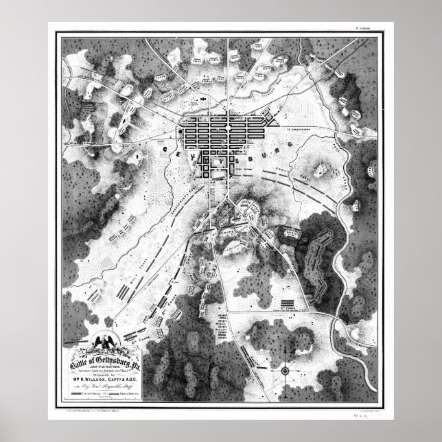 Póster Mapa de época del campo de batalla de Gettysburg ( (Frente)
