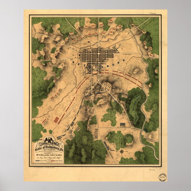 Póster Mapa de época del campo de batalla de Gettysburg ( (Frente)