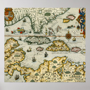 Póster Mapa de época del Caribe (1594)