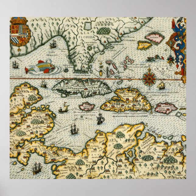 Póster Mapa de época del Caribe (1594) (Frente)