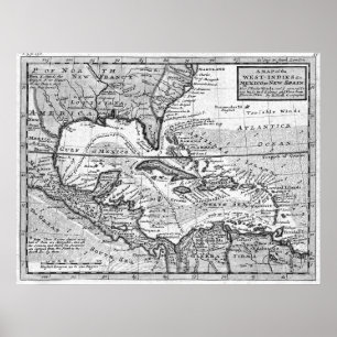 Póster Mapa de época del Caribe (1732) BW