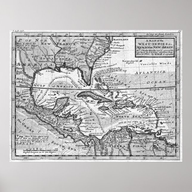 Póster Mapa de época del Caribe (1732) BW (Frente)