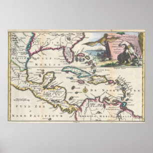 Póster Mapa de época del Caribe (1747)
