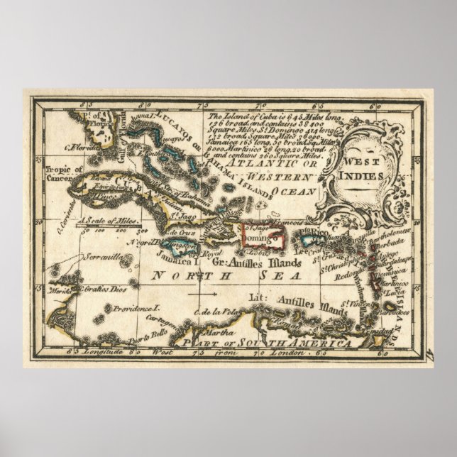 Póster Mapa de época del Caribe (1758) (Frente)