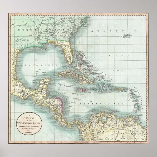 Póster Mapa de época del Caribe (1803) (Frente)