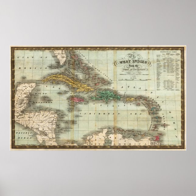 Póster Mapa de época del Caribe (1834) (Frente)