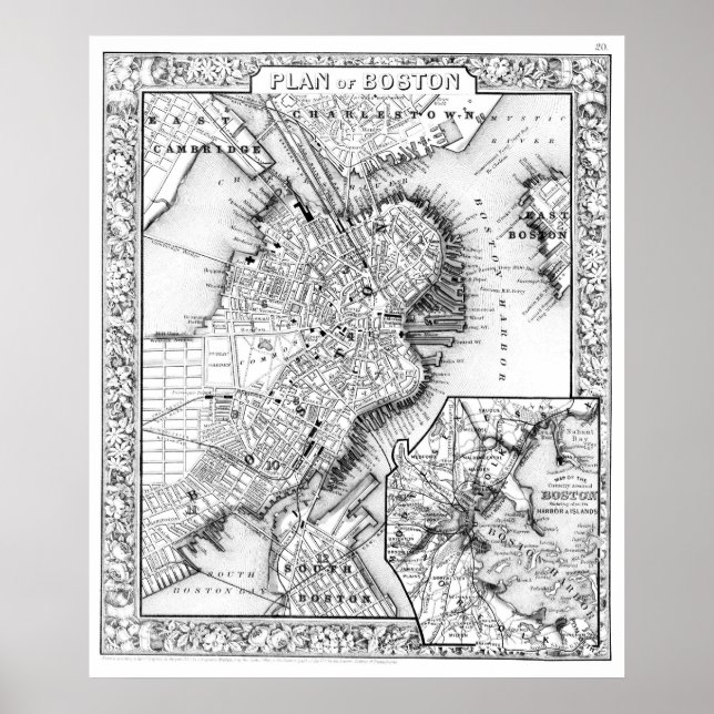 Póster Mapa de época del centro de Boston (1864) BW (Frente)