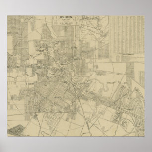 Póster Mapa de época del centro de Houston (1913)