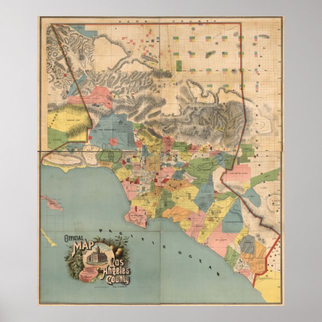 Póster Mapa de época del condado de Los Ángeles CA (1888) (Frente)